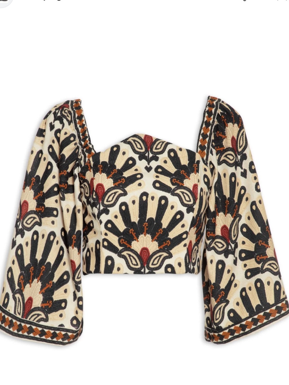 Farm Rio printed wide Sleeve linen blend Crop Top